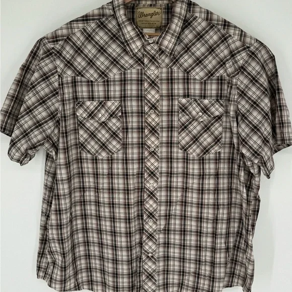 Vintage Wrangler Men’s Short Sleeve Brown Plaid Pearl Snap Shirt No Sz Tag U6 - Picture 2 of 4